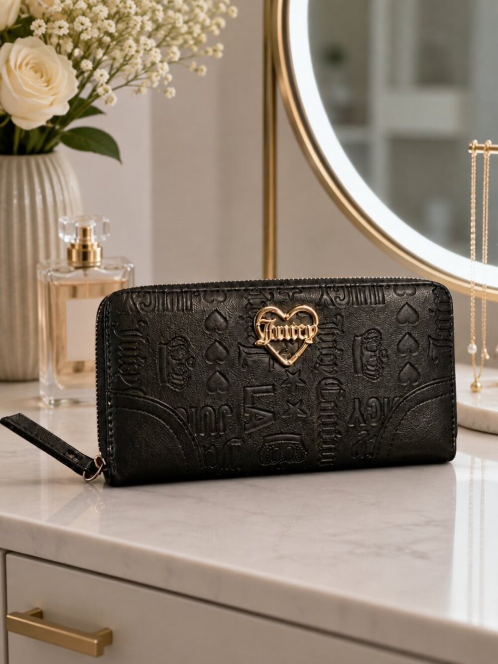 Juicy Couture Y2K Black Zip Around Wallet – Debossed Monogram, Gold Heart Plate